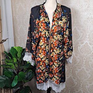 Relipop Size XXL Open Front Kimono Navy Floral White Cotton Lace Trim EUC